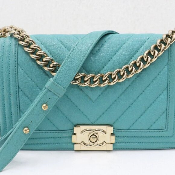 Chanel Caviar Chevron Quilted Medium Boy Flap Shoulder Bag - Turquoise - Picture 1 of 15